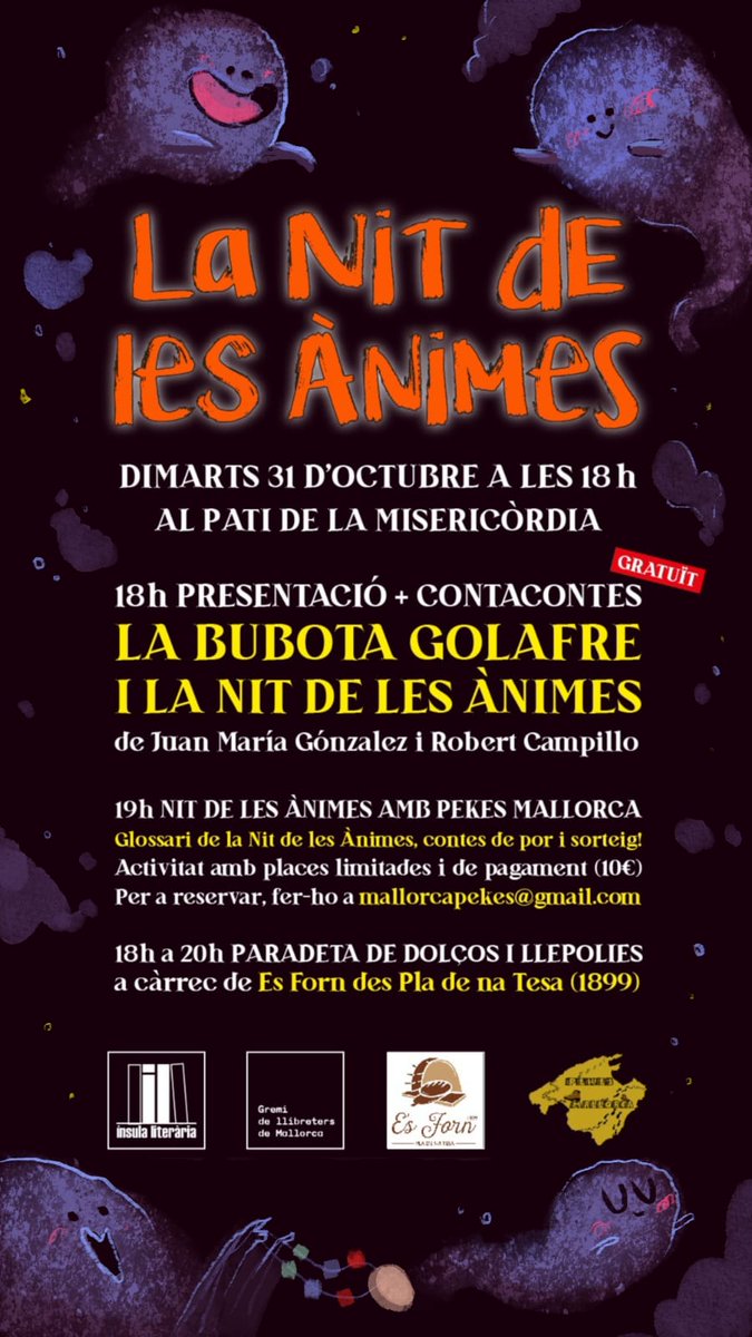 No os podeu perdre tot el que tenim preparat per #sanitdesesànimes

1-#contacontes. Sa bubota golafre 
2-descobrireu ses tradicions de aquest vespre tan especial.
3-podreu comprar dolços durant tot 'horabaixa 

#tradicions #Cultura #historia