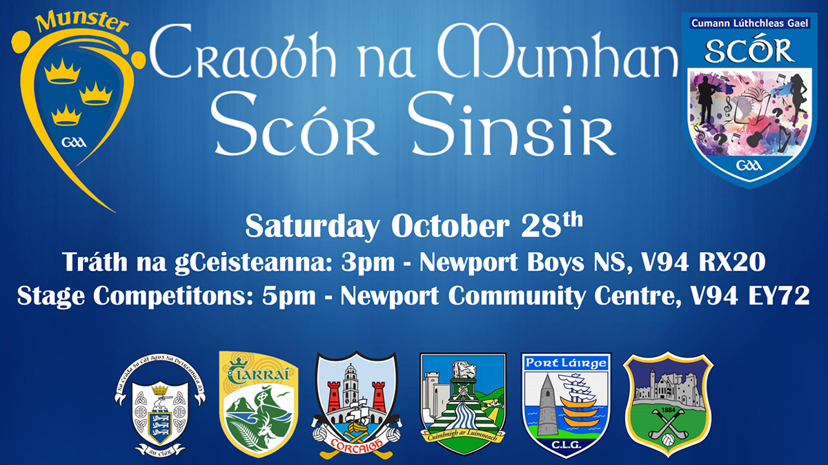 The 2023 Munster Scór Sinsir Finals promise an exciting feast of talent taking place on this Saturday October 28th at Newport Boys National School, Clonbealy, Newport, Co. Tipperary, V94 RX20.

munster.gaa.ie/event/2023-mun…