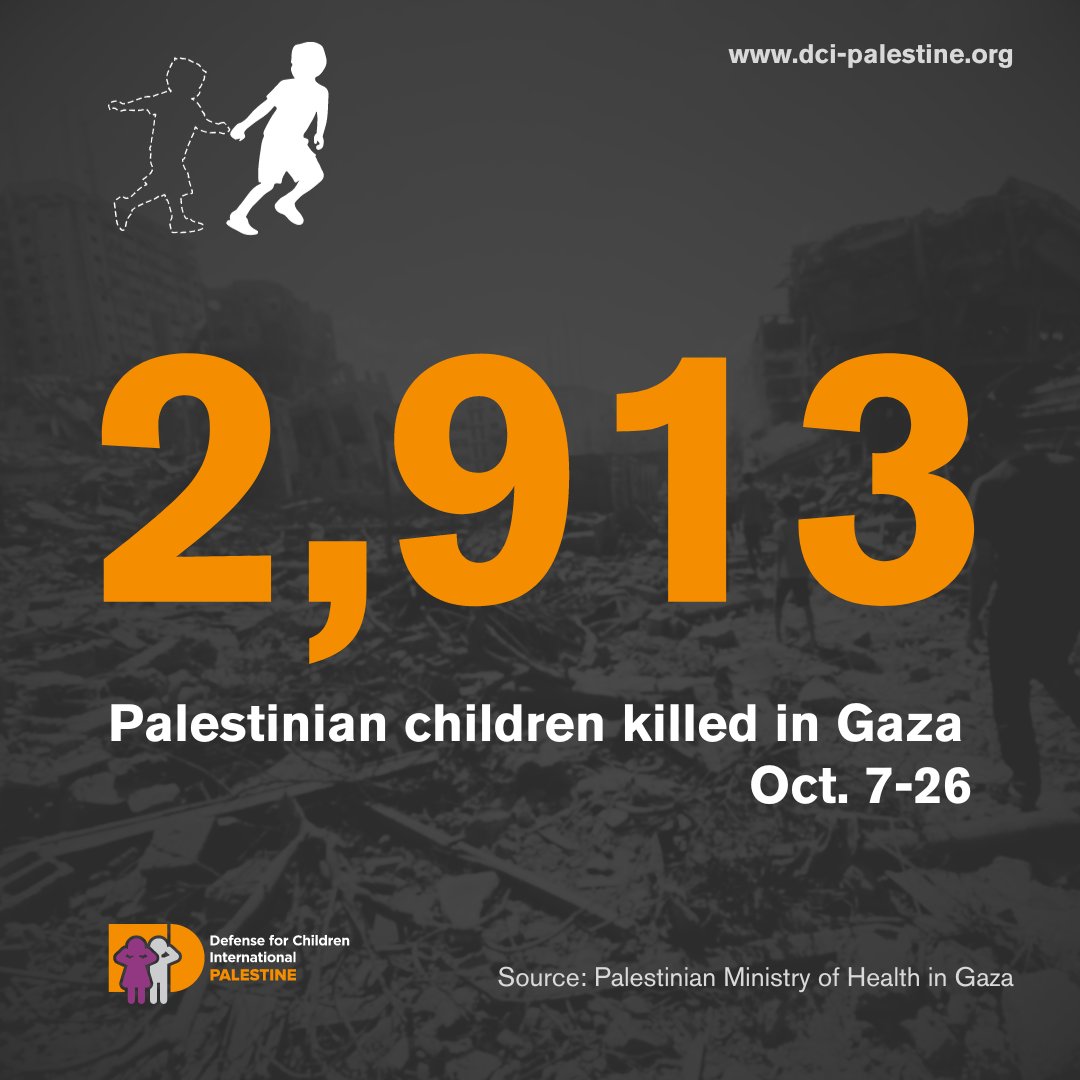 GAZA UPDATE: Israeli forces have killed 2,913 Palestinian children in Gaza, with at least 940 more missing under the rubble. These killings are overwhelmingly and unconditionally supported by the U.S.

Read more: dci-palestine.org/2913_palestini…