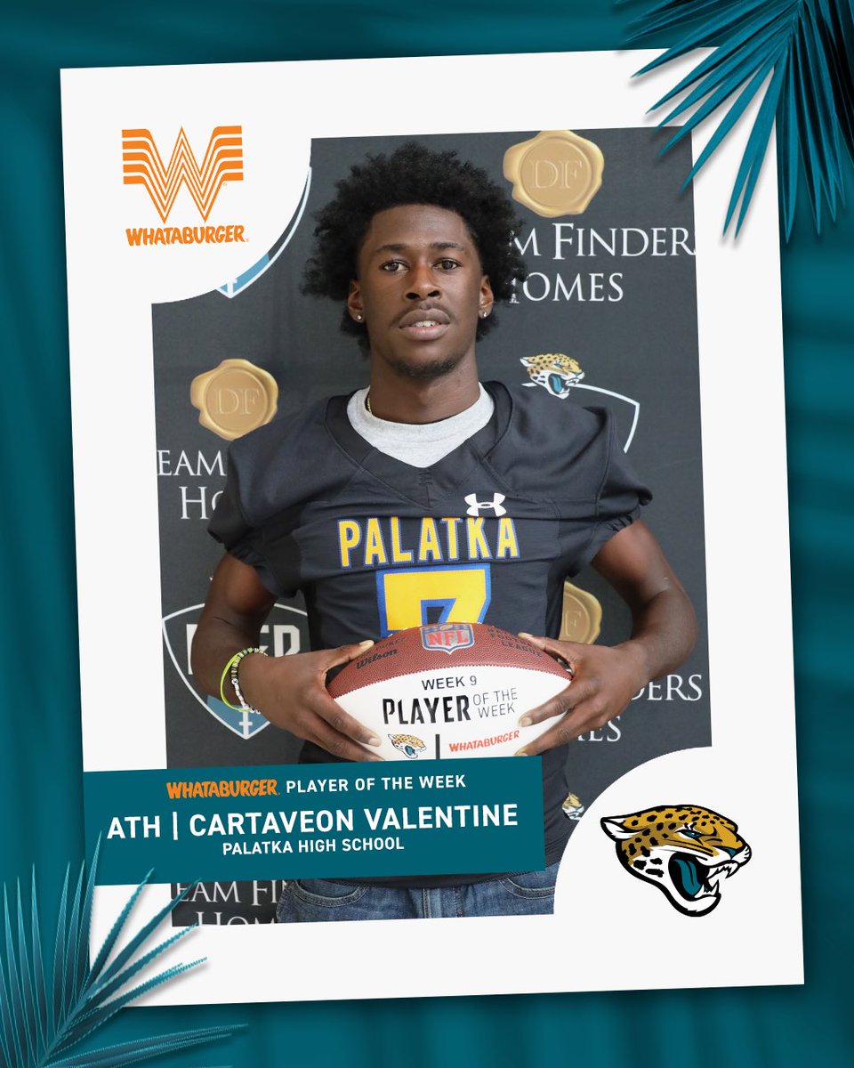 Adriel Rocha (@adriel_rocha) on Twitter photo The <a href="/Whataburger/">Whataburger®</a> Player of the Week for Week 9 is Cartaveon Valentine!
He got in done on the ground and in the air with a rushing TD and receiving TD!
<a href="/Jaguars/">Jacksonville Jaguars</a> | <a href="/ActionSportsJax/">BrentDanStuartMarcelAlivia</a> The <a href="/Whataburger/">Whataburger®</a> Player of the Week for Week 9 is Cartaveon Valentine!
He got in done on the ground and in the air with a rushing TD and receiving TD!
<a href="/Jaguars/">Jacksonville Jaguars</a> | <a href="/ActionSportsJax/">BrentDanStuartMarcelAlivia</a>