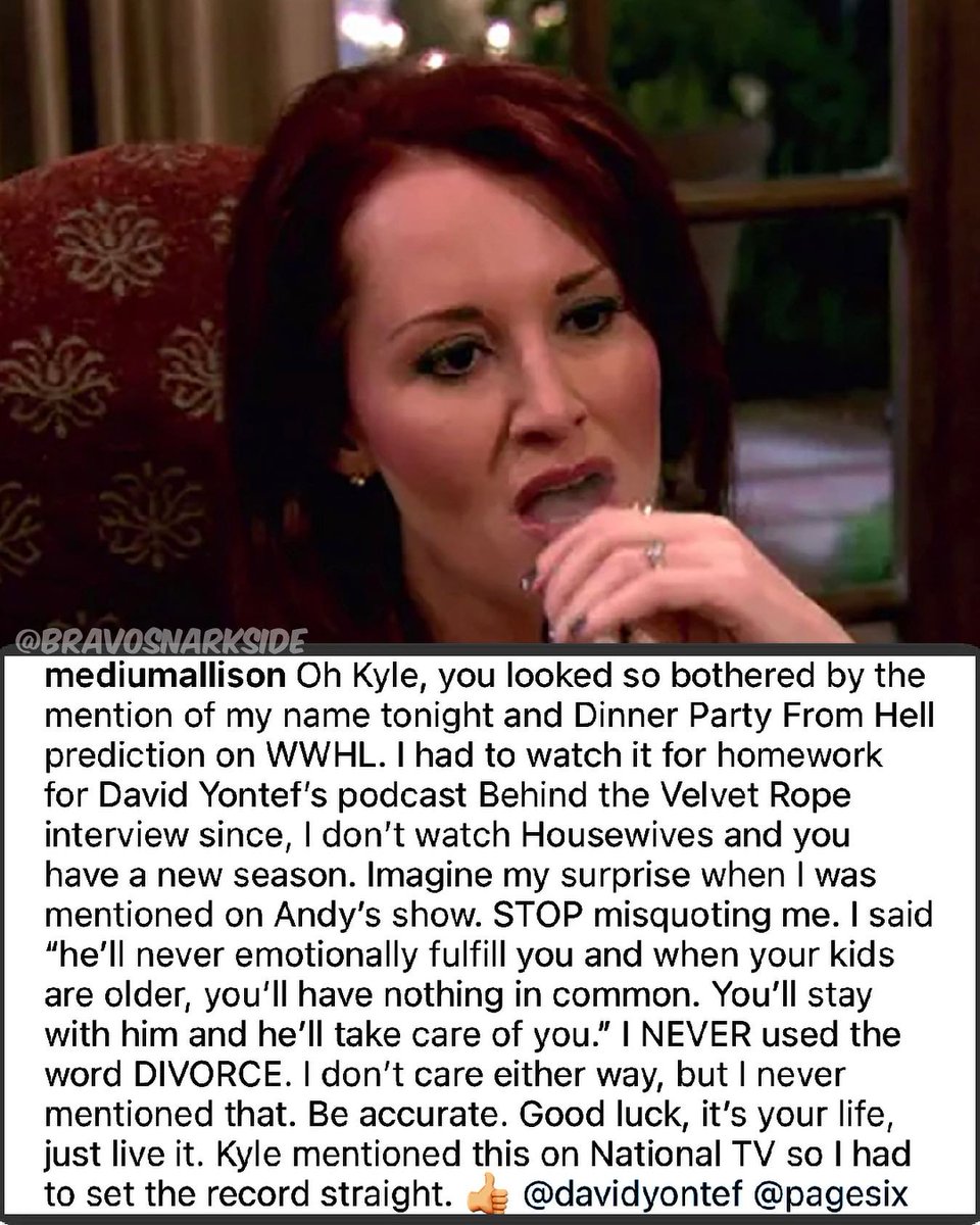 𝗯𝗿𝗮𝘃𝗼𝘀𝗻𝗮𝗿𝗸𝘀𝗶𝗱𝗲: Allison DuBois has something to say after being mention on WWHL last night, and misquoted by Kyle.
______________________________
#RHOBH   #allisondubois #kylerichards #realitytvshow  #realitytvdrama  #bravosnarkside
instagram.com/p/Cy3WxtXLyzI