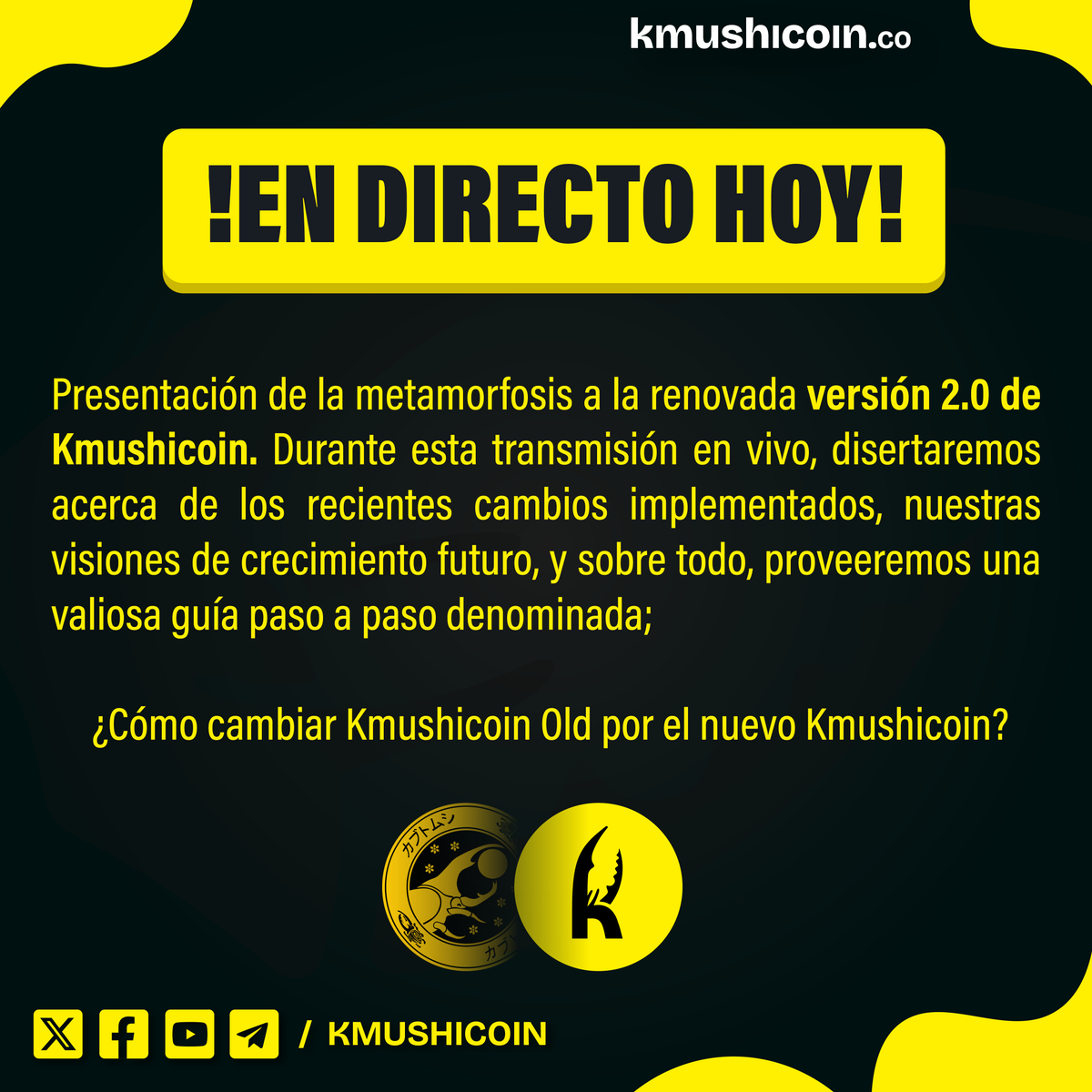 kmushicoin's tweet photo. Bienvenidos al directo de #Kmushicoin donde desvelaremos próximas novedades. ¡Anunciamos un canal @Kmushicoin de YouTube! Suscríbete ya. Abordaremos diferencias entre la vieja y nueva red, más consejos para cambio de monedas. Stay tuned! #cryptonews https://t.co/taO0ZHeAeF https://t.co/M7KyLguTce