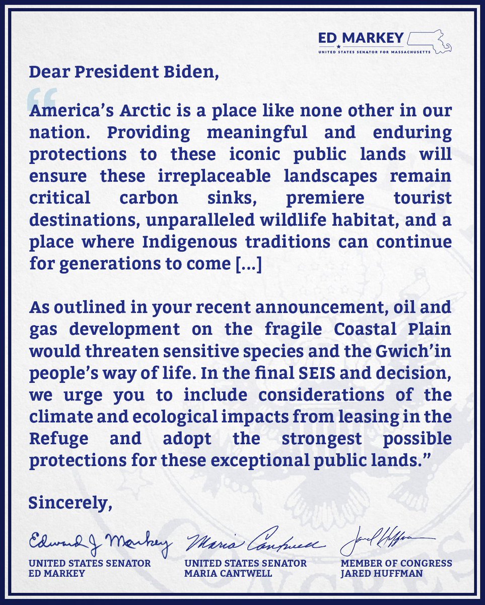 We must protect the Arctic for the people who have lived there for generations, for the wildlife that call it home, and for a safe climate. That's why @SenatorCantwell, @RepHuffman, and I led our colleagues in urging @POTUS to take strong action to protect these public lands.