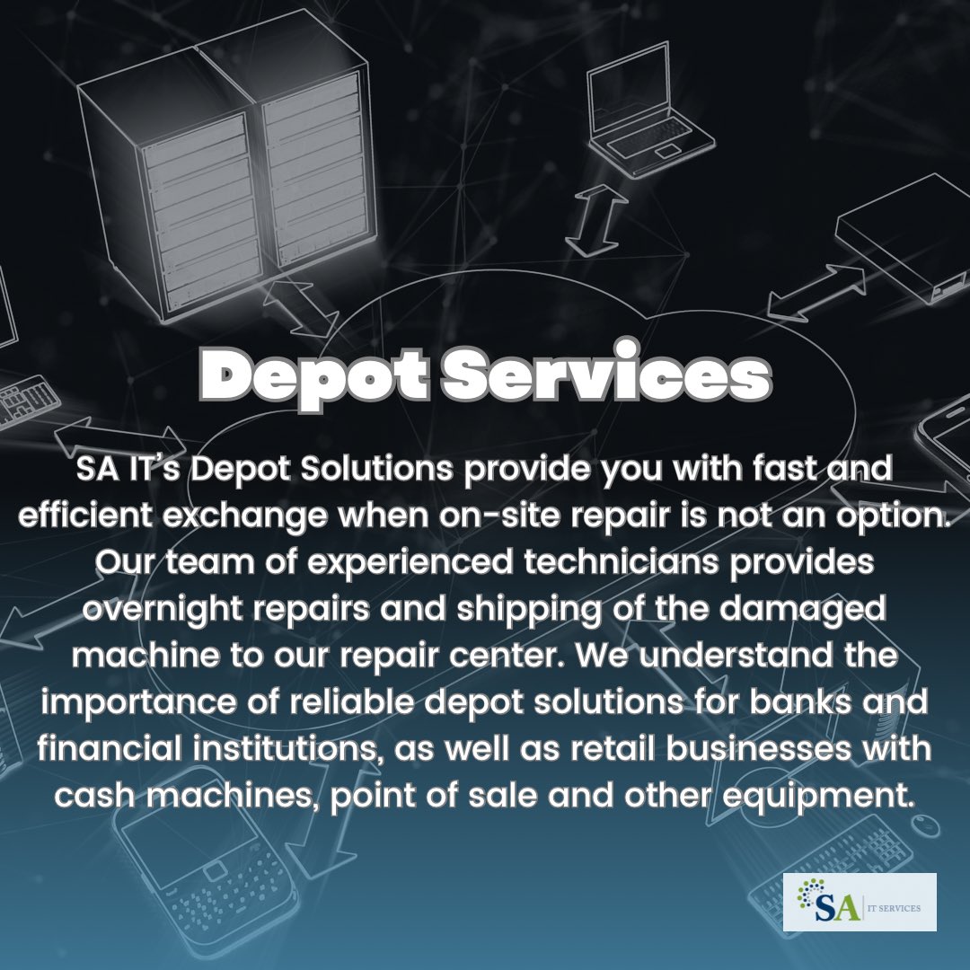 SAITServices's tweet image. Maximize efficiency and avoid delays when your equipment goes down with @SAITServices Depot Solutions! We offer expert on-site repairs and more! 
#techs #computerequipment #ITsupport #ITexperts #onsite #onsiterepair #techsupport  #computerrepairs #computerrepair #computersupport