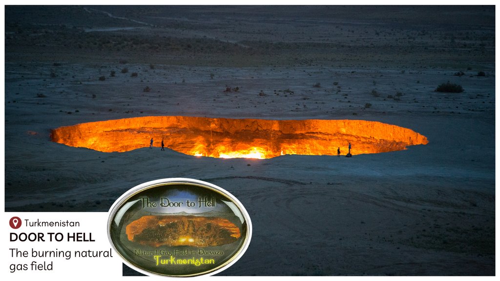 The Door to Hell of Turkmenistan, is a natural gas field that has been burning nonstop since first discovered in the 1970s. Shop destination pins on our site

#spartanandthegreenegg #SGEbookseries #SGEexplorerstickers #travel #fullcyclepublications #nabilakhashoggi #FCPbooks