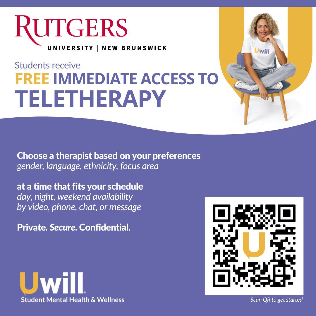 RUStudentHealth's tweet photo. Stressed about Midterms? Uwill offers students a safe place to talk openly about their mental health through virtual counseling sessions with licensed therapists. To schedule a counseling session, scan the QR code and register with your Rutgers email. #Uwil #RuWell https://t.co/vW0i9aBpgH