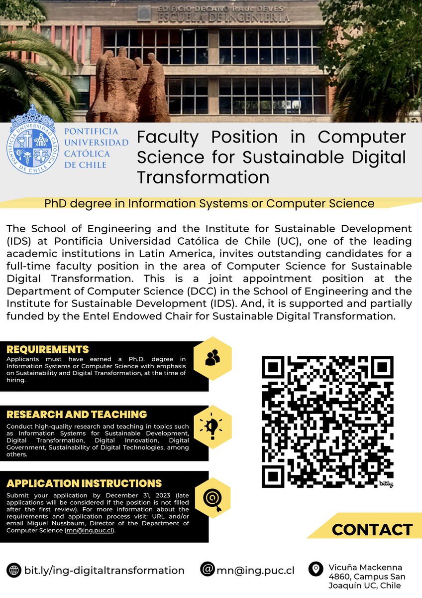 Consider joining our amazing faculty at Computer Science Department - Universidad Católica de Chile and UC's Institute for Sustainable Development. We have an open faculty position in #InformationSystems and #Sustainability