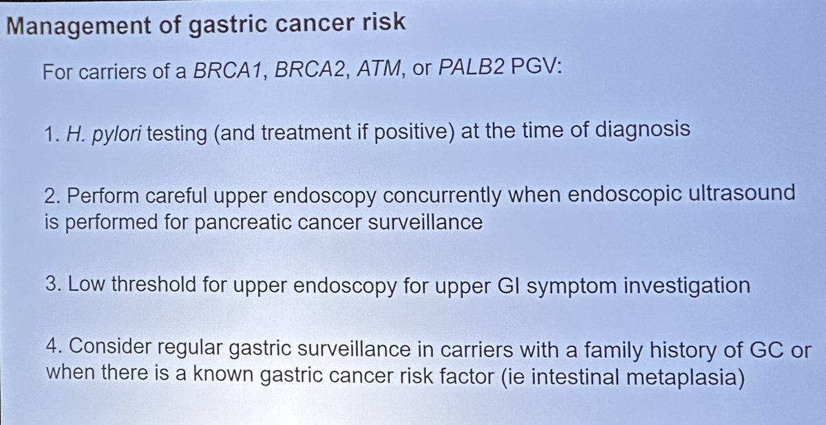 frankbalaguer's tweet photo. Summary of Gastric cancer risk in BRCA1/2, ATM and PALB2 by Bryson Katona at #CGAIGC23 @CGAIGC 
👉🏻 some tips on management recommendations
👉🏻 Erradication of H.pylori
👉🏻 Gastric surveillance if + family history? 
@MoreiraR_Leti @insightmeeting https://t.co/fdv3OVPQpM