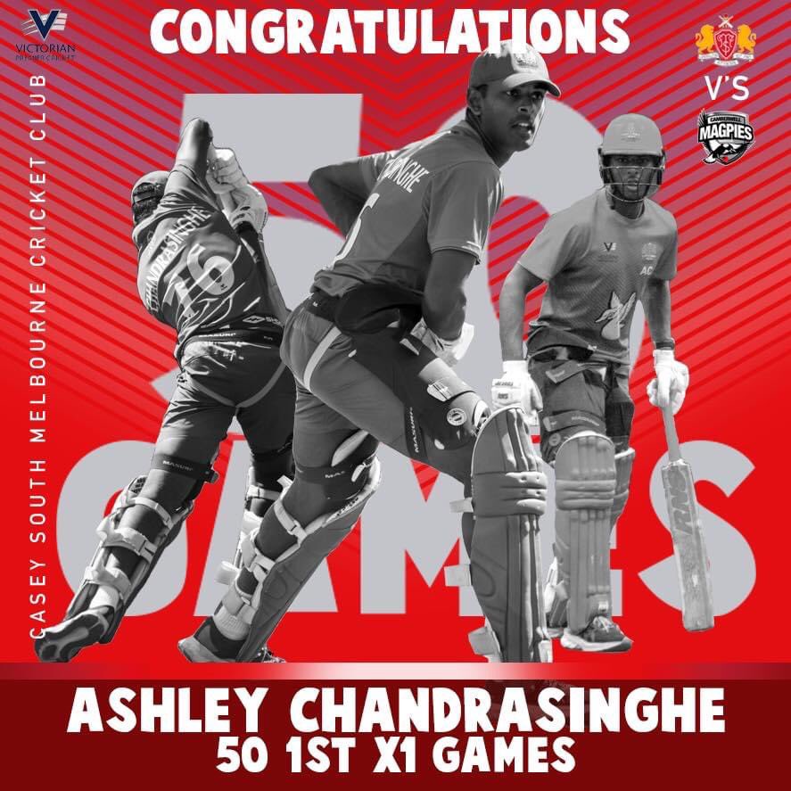 CaseySthMelbCC's tweet image. Congratulations and best of luck to Ashley Chandrasinghe who plays his 50th First XI game tomorrow. @vicpremcricket 

Runs: 1755
Average: 40.81
Highest Score: 144
100s: 2
50s: 13
Wickets: 1