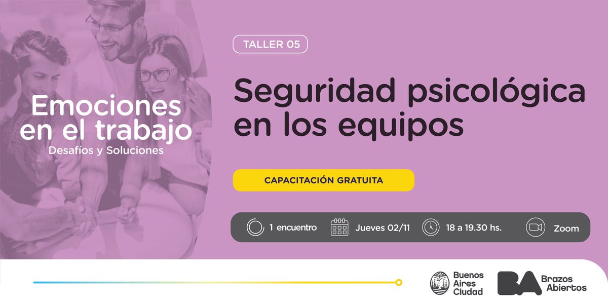 📚Llega el último taller de “Emociones en el trabajo: Desafíos y Soluciones”

En “Seguridad psicológica en los equipos” verás qué estrategias organizacionales e individuales pueden fomentar la seguridad psicológica.

📆 2/11, de 18 a 19:30 hs.

✍️ Anotate bit.ly/SeguridadT5