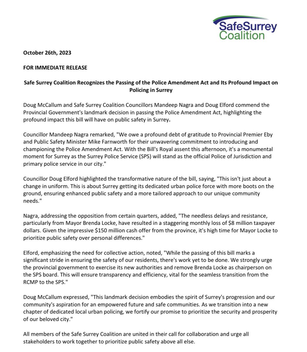 Historic news for Surrey! The Police Amendment Act is now law, a monumental step for our city’s safety. We extend our thanks to Premier Eby and Minister Mike Farnworth for their dedication. Let’s prioritize public safety together! #bcpoli