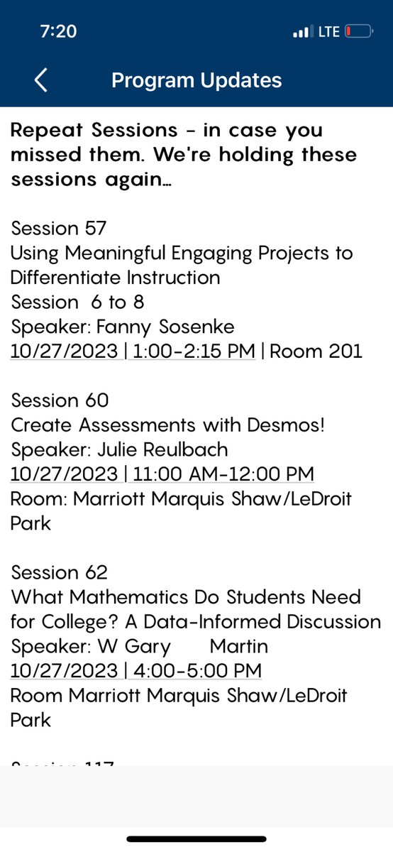 Hey #NCTMDC23, 
some of the rooms were packed today, so we’re going to be adding new sessions that aren’t in the book. 

Check ‘Program Updates’ in the NCTM App. 

You may find that session that was too full for you to attend…