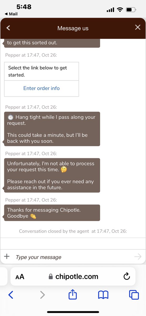 CarrieFaust's tweet photo. @ChipotleTweets Your Pepper keeps closing my chats. https://t.co/8sVNqhyr1b