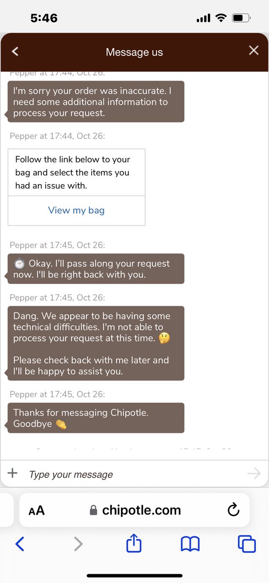 CarrieFaust's tweet photo. @ChipotleTweets Your Pepper keeps closing my chats. https://t.co/8sVNqhyr1b