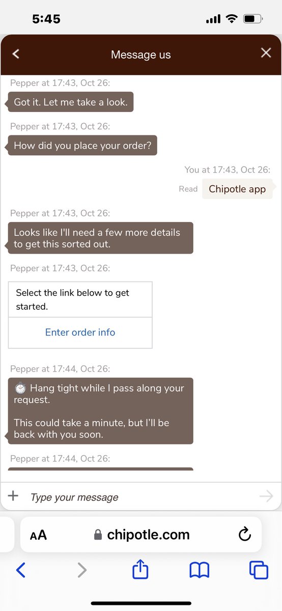 CarrieFaust's tweet photo. @ChipotleTweets Your Pepper keeps closing my chats. https://t.co/8sVNqhyr1b