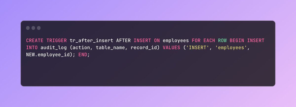 raulmontesin's tweet image. Los triggers en #SQL son acciones automáticas que se ejecutan cuando ocurre un evento específico en la base de datos. #SQLTriggers #AutoMagic 🪄
