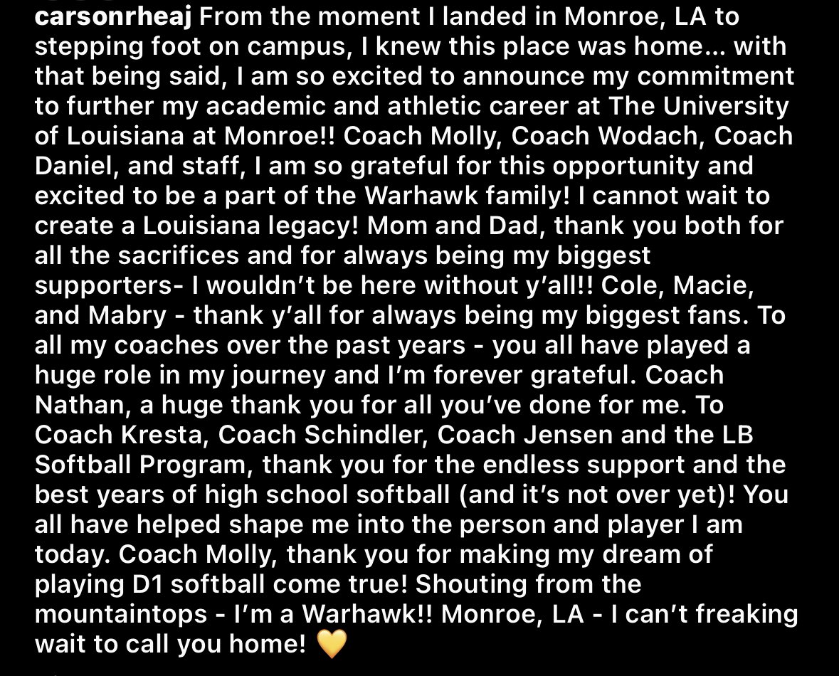 I am SO excited to announce my commitment to The University of Louisiana at Monroe!! Coach Molly, Coach Wodach, and staff I am so grateful for this opportunity and excited to be a part of the Warhawk family! <a href="/hotshotsnation/">Hotshots Fastpitch</a> <a href="/LBteams/">Hallettsville Lady Brahma Athletics</a> <a href="/ULM_Softball/">ULM Softball</a> <a href="/hbteams/">Hallettsville Brahma Athletics</a>