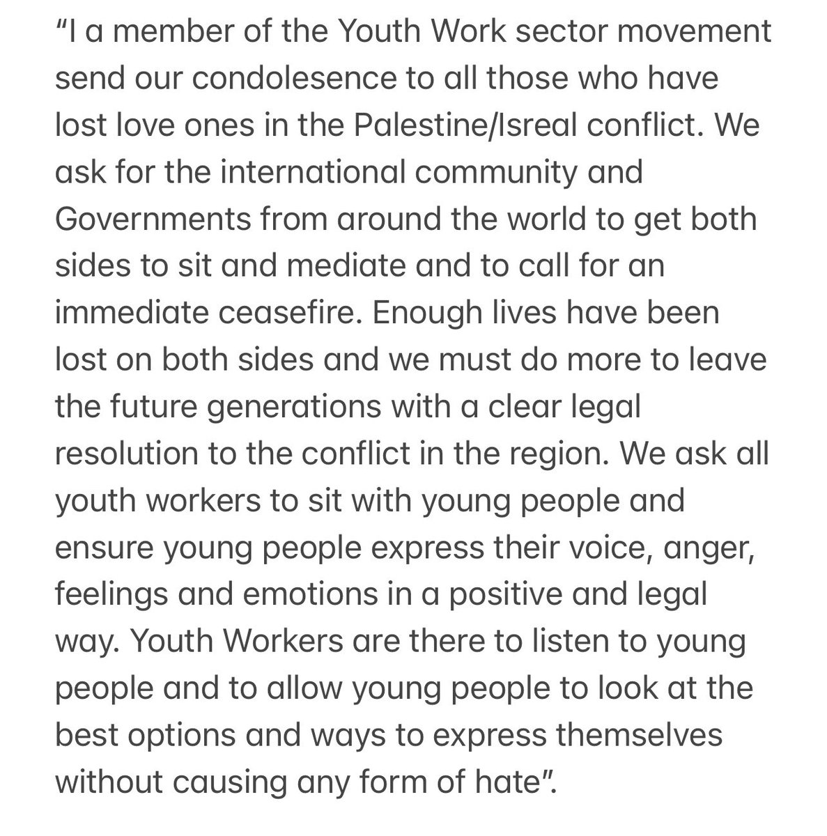 My statement on the #PalestineIsraelConflict due to a lack of message from the Youth Work sector <a href="/natyouthagency/">NYA</a> <a href="/UKYouth/">UK Youth</a> <a href="/iyw_tweets/">Institute for Youth Work</a> <a href="/YREN_CIC/">YREN</a> <a href="/LondonYouth/">London Youth</a> <a href="/Youthworknews/">Youthworknews</a>