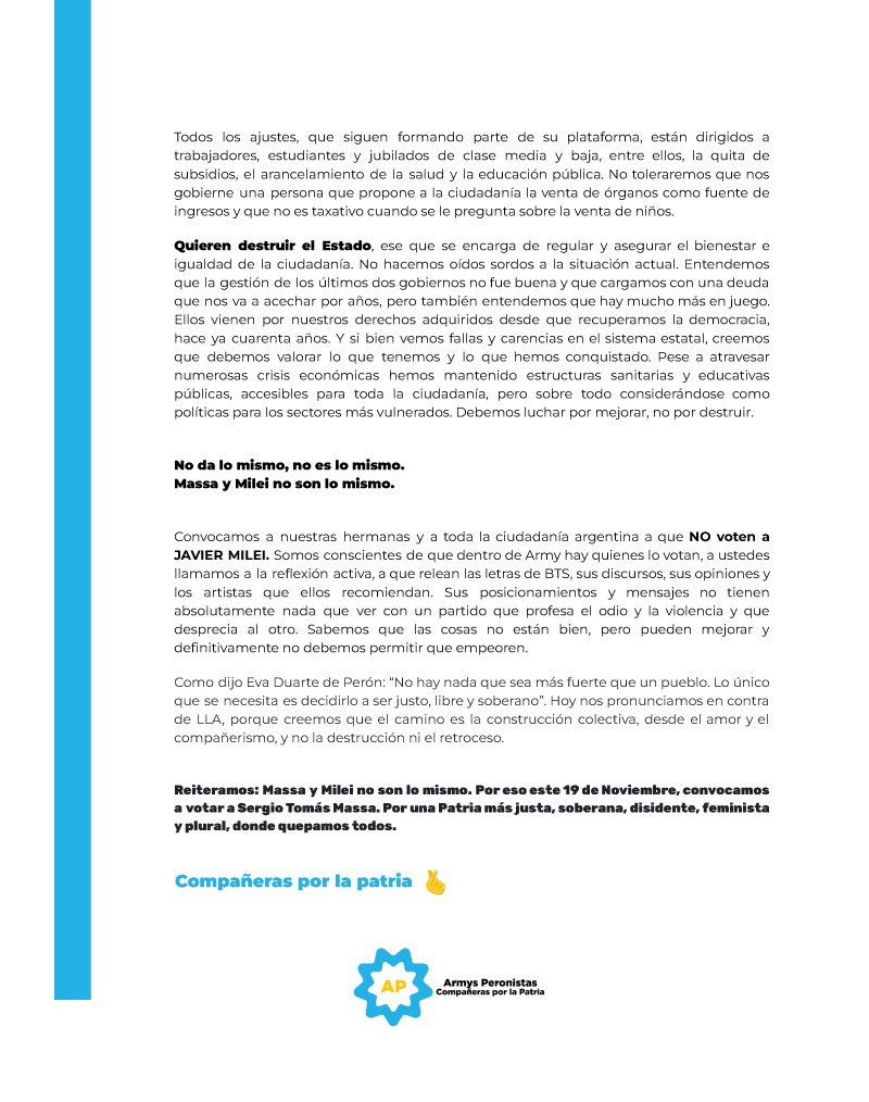 armysperonistas's tweet image. Desde compañeras por la patria nos unimos a nuestras hermanas swifties contra LLA ✌🏻💙