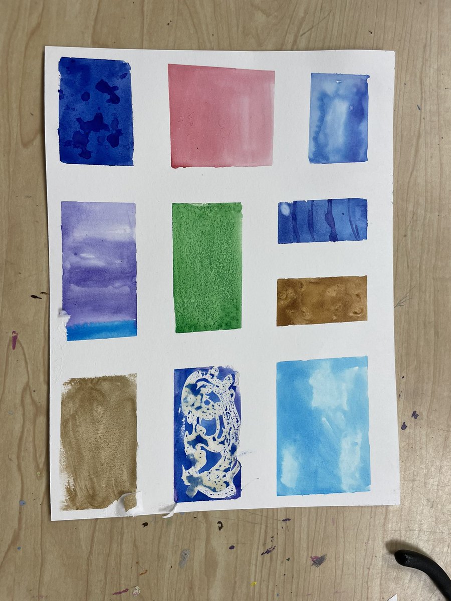 PlotnerArt's tweet photo. #edu310 The 3D art class is focusing on a wired portrait with a really cool watercolor collage background. They were working on warm ups with watercolor and using masking glue, salt and hand sanitizer to experiment with the watercolor. This was really neat to see in person! https://t.co/CniwA8oEZX