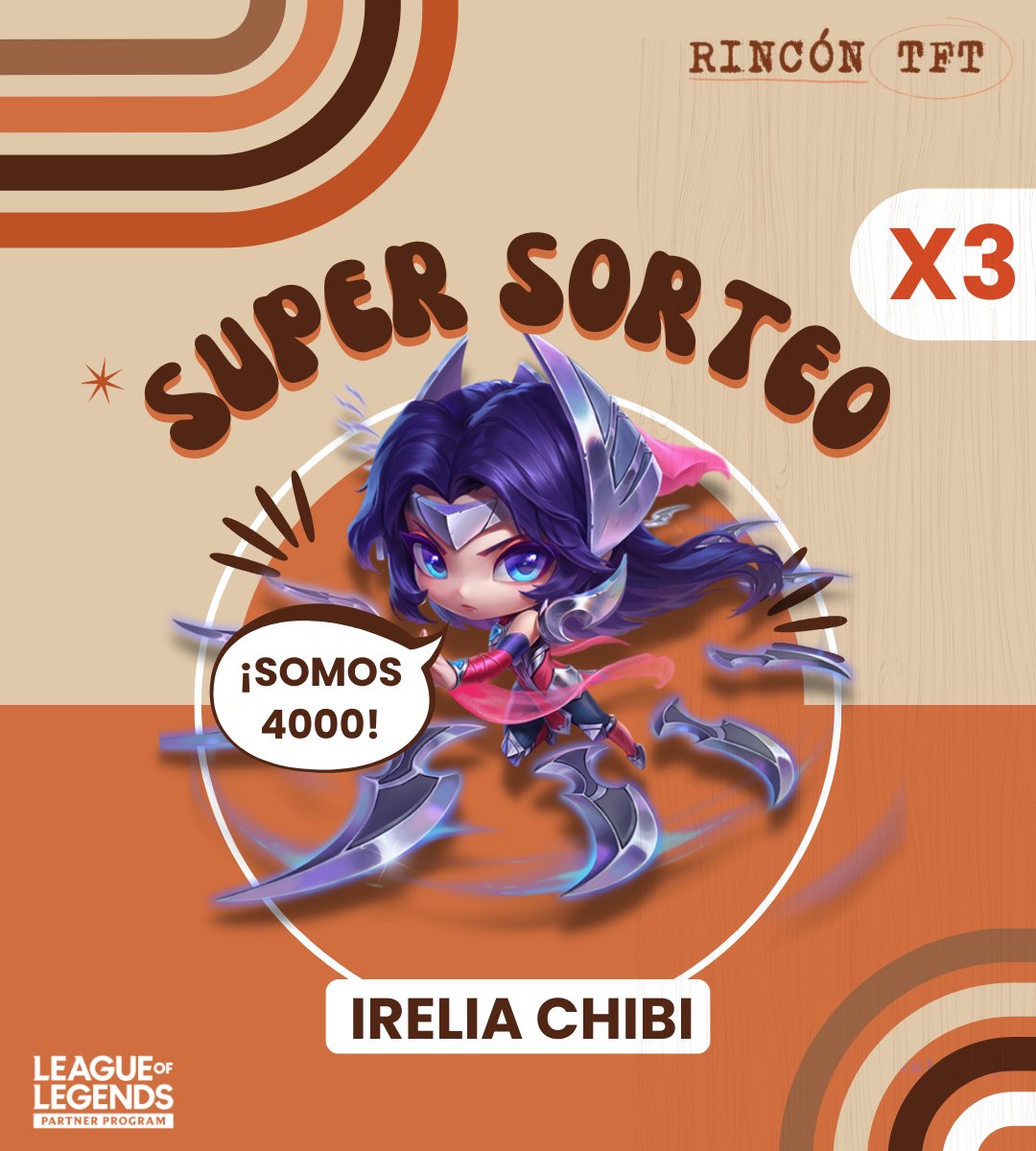 RinconTFT's tweet image. 📢¡LO PROMETIDO ES DEUDA!

Les dijimos que si en Rincón llegabamos a los 4000 seguidores sorteábamos 🚨 ¡3 IRELIAS CHIBIS! 🚨

Para participar: 
- Seguir a @Rincontft 
-❤️ y 🔁 la publicación
- Comenta los tres jugadores que llegarán al mundial

¡Sortea al terminar la GRAN FINAL!