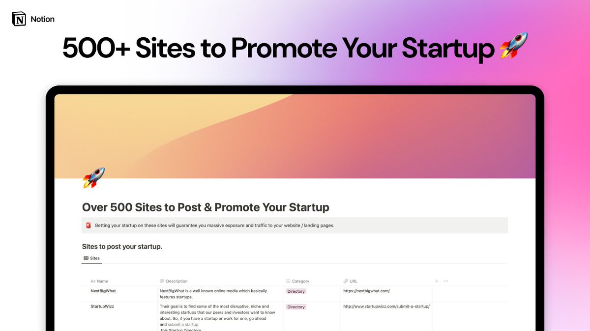 achxvi's tweet image. I made this huge Notion template 🚀

500+ Sites to Launch Your Startup or Product.

✅ Twitter communities
✅ Sub Reddits
✅ Blogs
✅ Directories
✅ Groups
And more...

Reply 👋 and RT if you would like it for FREE 🎉

It is free only for the next 24h ⚠️