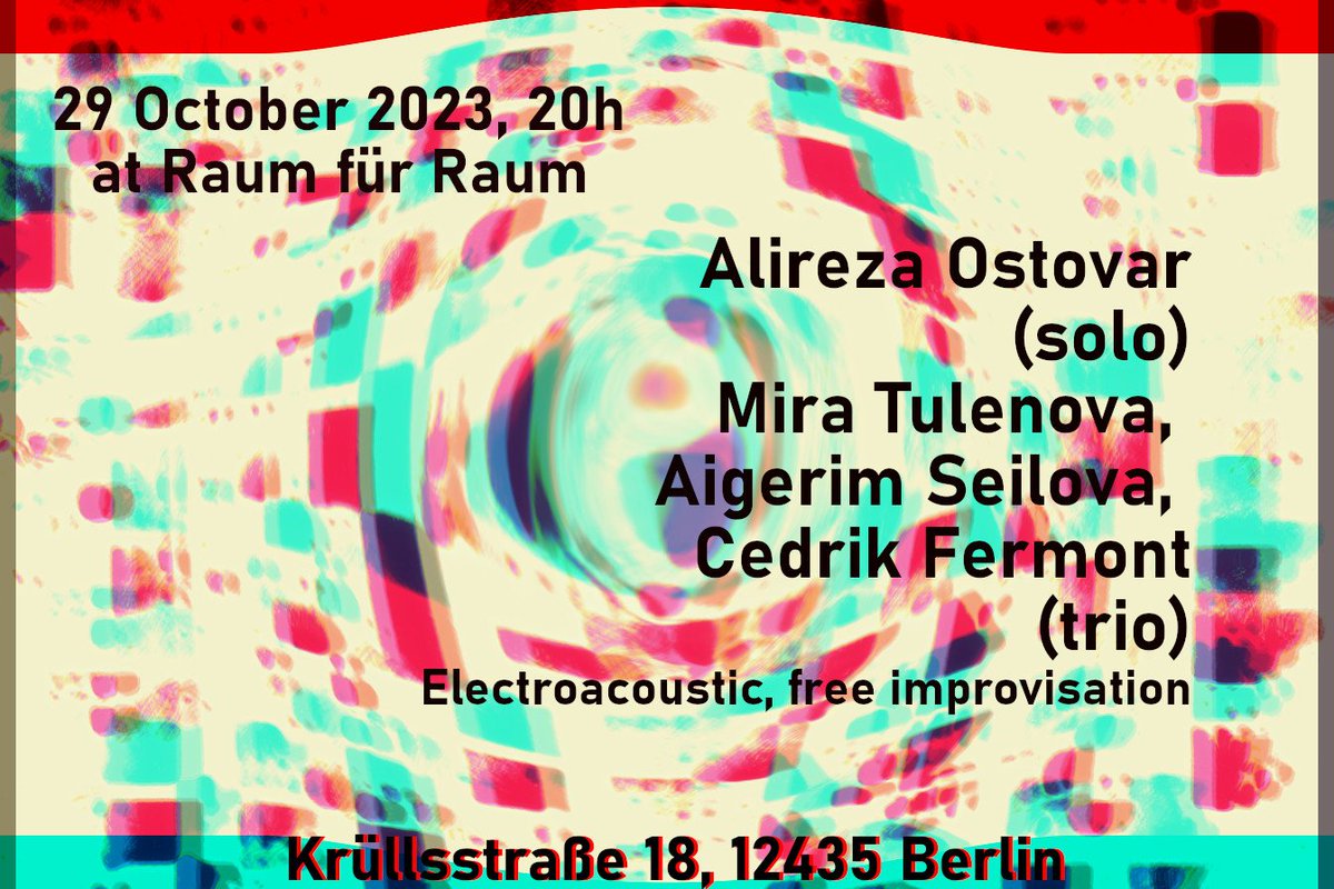 C-drík Kirdec Syrphe (@cdrk_syrphe) on Twitter photo Friday & Saturday in Gothenburg, Sweden. Geiger Fest. #experimental #music
Aurélie Nyirabikali Lierman & I will play together on Saturday
I'll then head back to Berlin to play w/ Mira Tulenova & Aigerim Seilova (trio), Alireza Ostovar will also play solo. syrphe.com/events_cdrk.ht… Friday & Saturday in Gothenburg, Sweden. Geiger Fest. #experimental #music
Aurélie Nyirabikali Lierman & I will play together on Saturday
I'll then head back to Berlin to play w/ Mira Tulenova & Aigerim Seilova (trio), Alireza Ostovar will also play solo. syrphe.com/events_cdrk.ht…