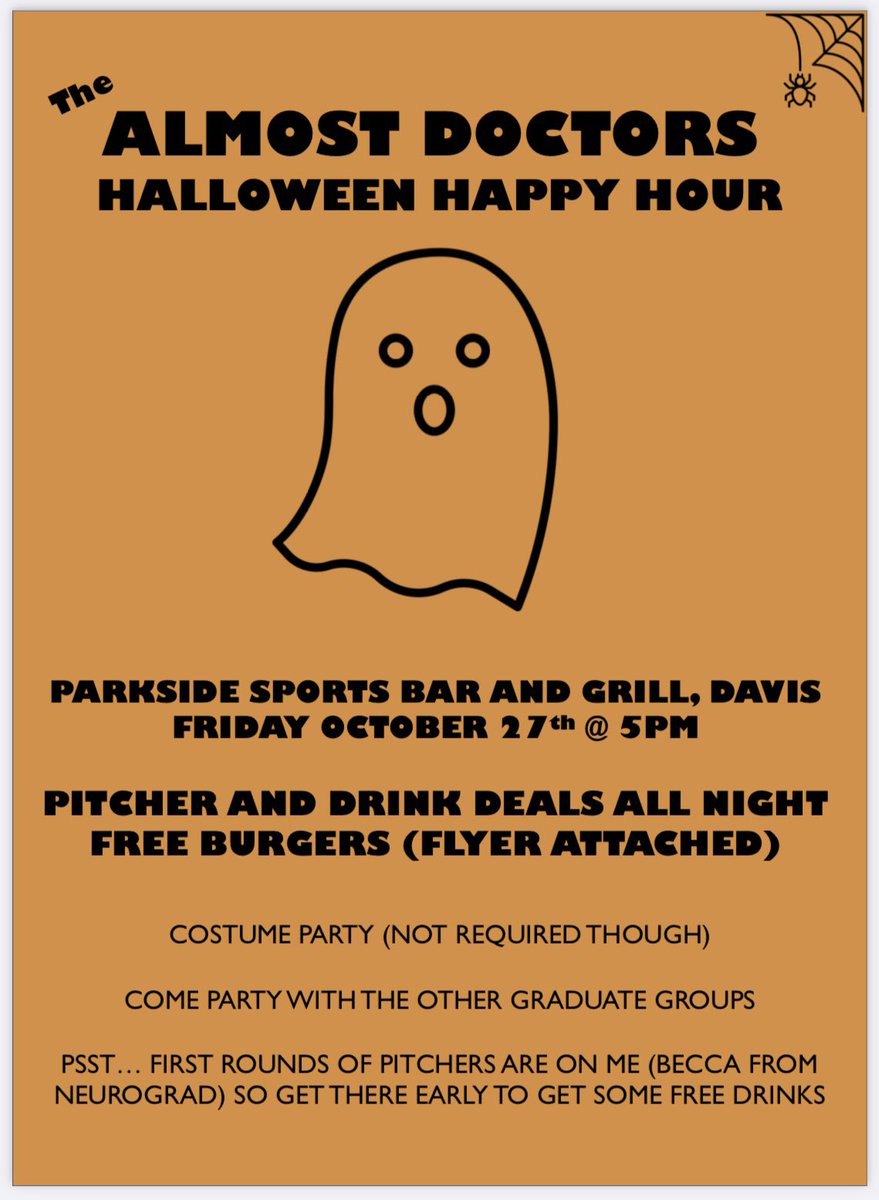 Calling all grad students!! Halloween happy hour tomorrow! Come hang out and get some free burgers and cheap drinks! @UCDavisGrad