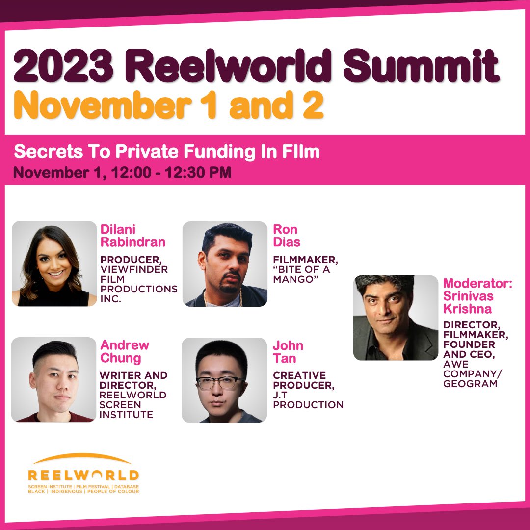 reelworldfilm's tweet photo. Secrets revealed - Hear from filmmakers and producers as they discuss alternate options that are unexplored, such as crowdfunding and private investors, when funding a film.

Join Dilani Rabindran, Ron Dias,
Andrew Chung, John Tan, and Srinivas Krishna

https://t.co/dRWkInVvUS https://t.co/5QDP5Seo3r