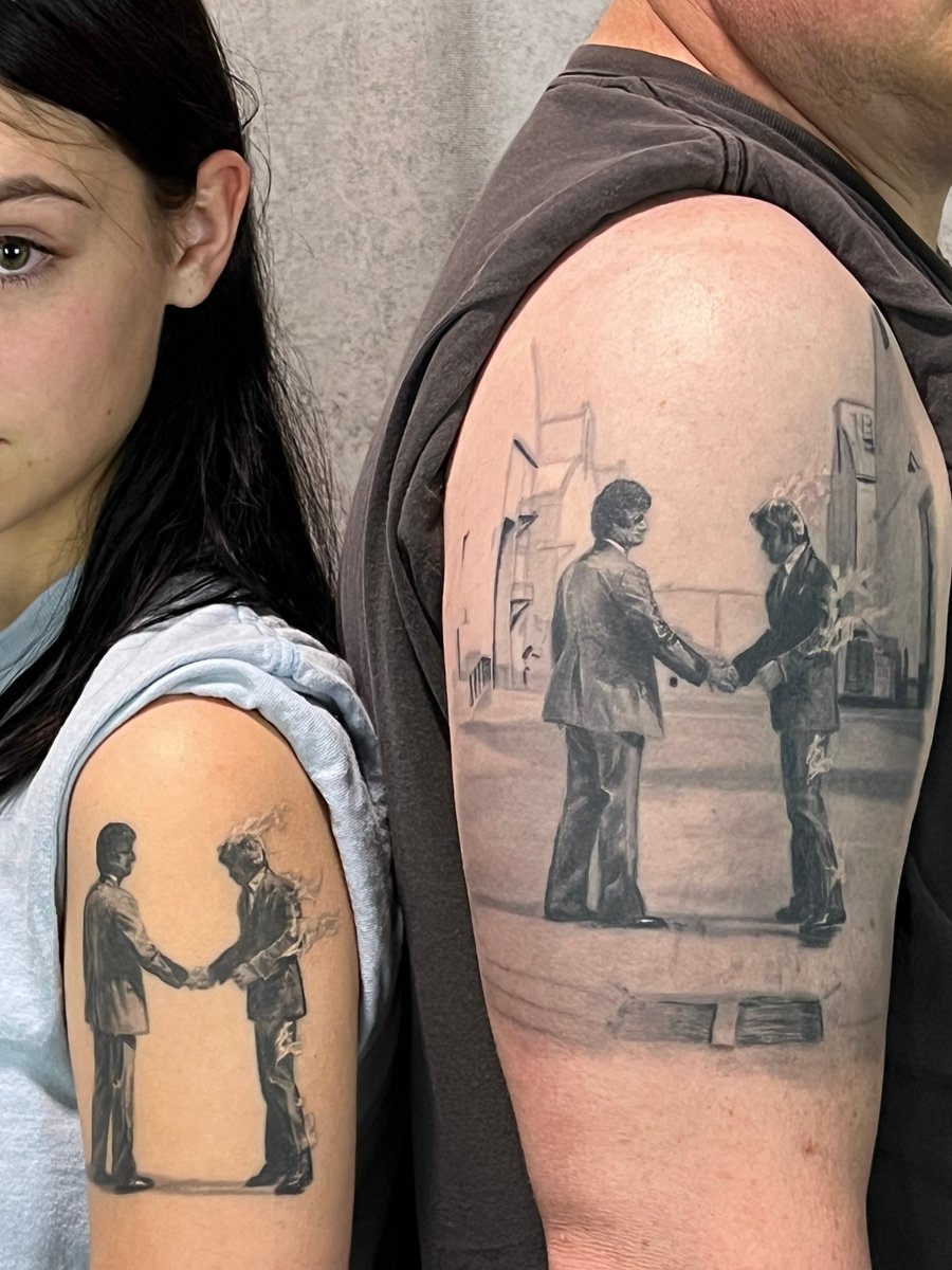 NuclearInk's tweet photo. Some awesome  father/ daughter Pink Floyd tattoos!! She wanted hers a little simpler  and the figures’ faces a bit more silhouetted. It’s always awesome  tattooing families! Tattoo by Jesse Neese. #PinkFloyd #tattoo #tattooart #music #Album #wishyouwerehere #fatherdaughter https://t.co/qjkGGlQaEd