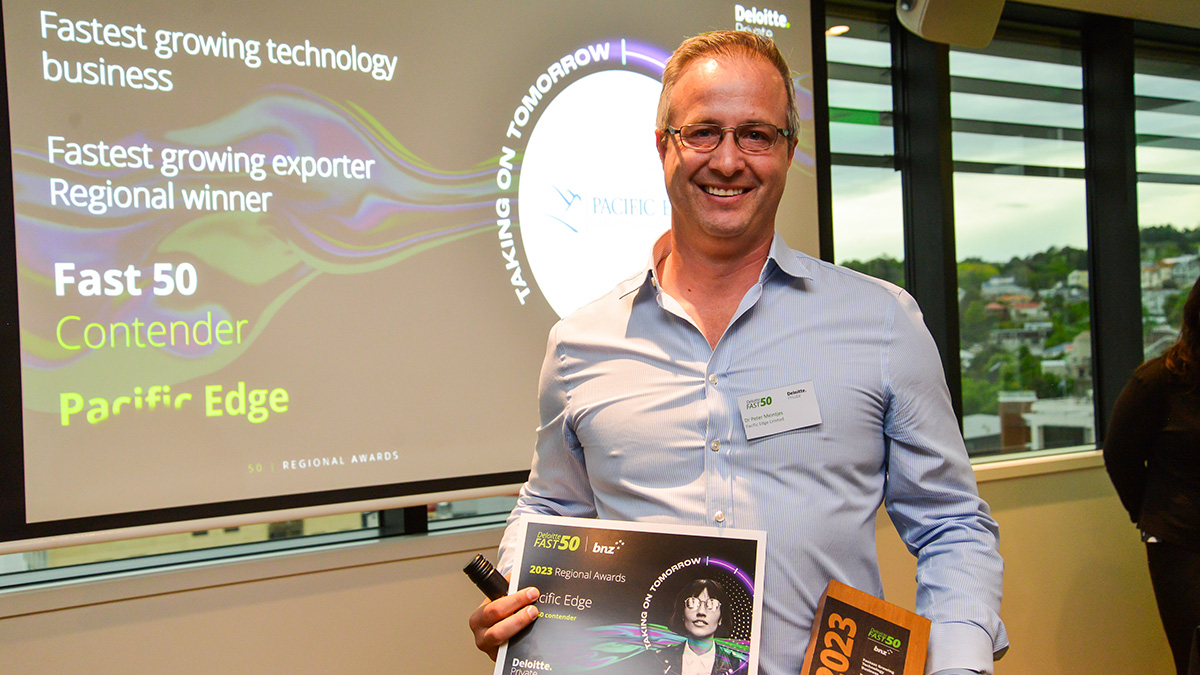 PacificEdgeLtd's tweet photo. News to share! Earlier this week Pacific Edge were announced as the Fastest Growing Technology Business and the Fastest Growing Exporter Business at the Deloitte Fast 50 Regional Awards. Look out for us in the @DeloitteNZ Fast 50 Index to be revealed in late November. #nzfast50 https://t.co/fvUyTzypom