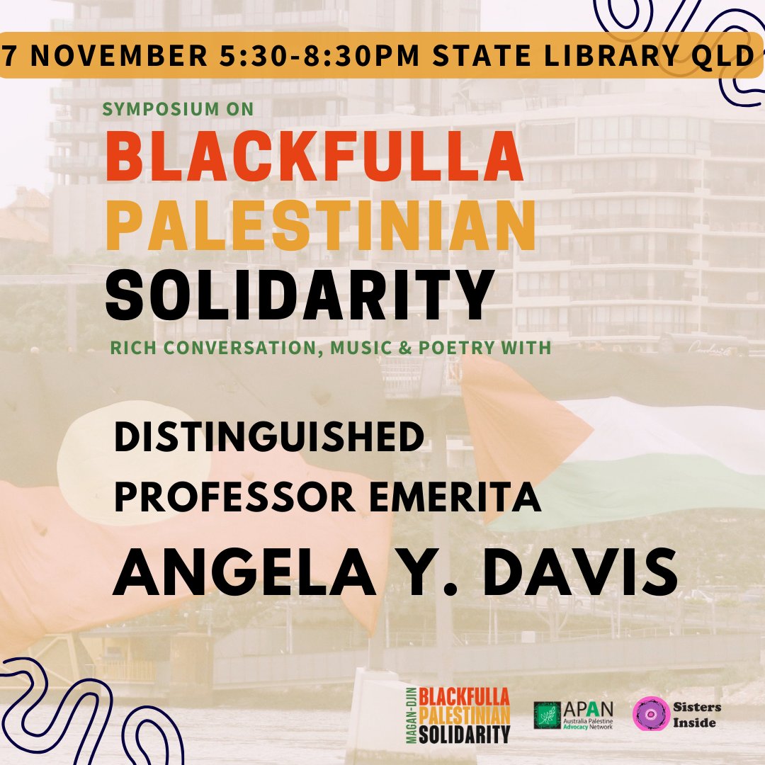 Deeply honoured to have Distinguished Professor Emerita Angela Y. Davis in Magan-djin for the Blackfulla-Palestinian Solidarity Symposium, 7 November
*tix selling fast* apan.org.au/symposium-on-b…
#freepalestine #alwayswasalwayswillbe #palestine #aboriginal #torresstrait #angeladavis