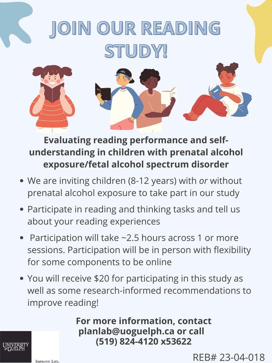 PLANLab (@planlabuofg) on Twitter photo We are inviting children ages 8-12 with and without PAE/FASD to participate in a study on reading skills and experiences! Participants must attend a session in Guelph and will receive compensation. Email us at PLANLab@uoguelph.ca for more information! plangroup.uoguelph.ca/participate-in… We are inviting children ages 8-12 with and without PAE/FASD to participate in a study on reading skills and experiences! Participants must attend a session in Guelph and will receive compensation. Email us at PLANLab@uoguelph.ca for more information! plangroup.uoguelph.ca/participate-in…