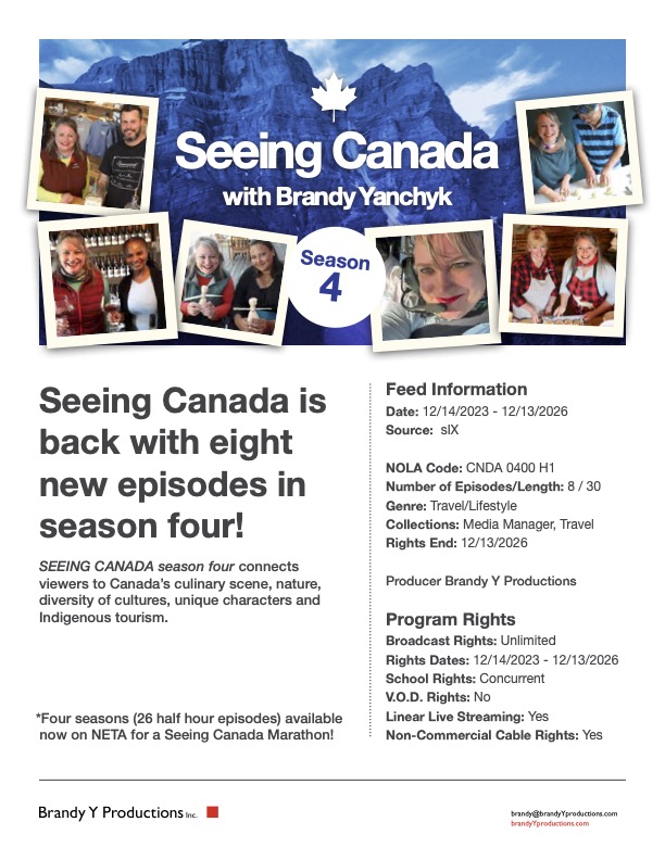 We are thrilled to announce that 8 new episodes of @SeeingCanada with @brandyyanchyk will be available to public TV stations in the USA through @NETA_Tweets in Dec. There are 26 half hour episodes of 'Seeing Canada' available if stations want to do a marathon! @CreateTVchannel