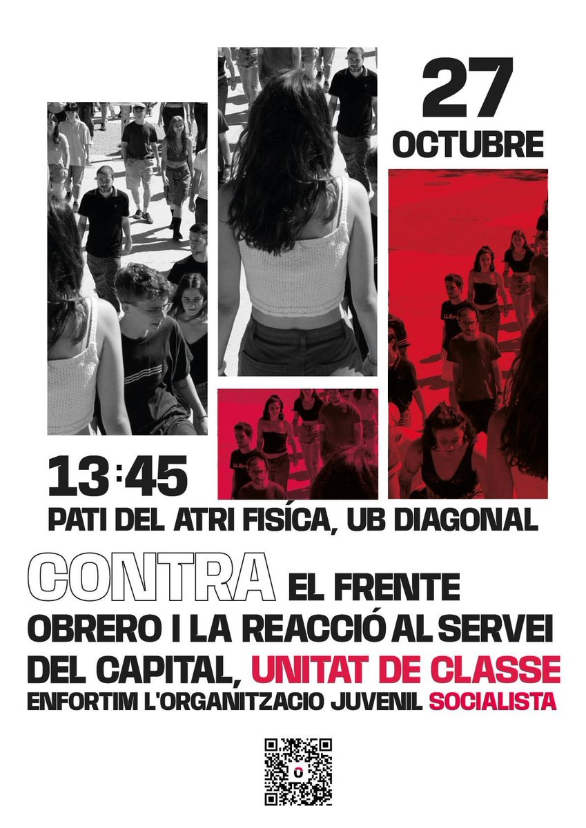 Contra el Frente Obrero i la reacció al servei del capital, UNITAT DE CLASSE!

Enfortim la Organització Juvenil Socialista 🚩

Demà divendres 27 a les 13:45h al Pati del Atri de Física (UB Diagonal)