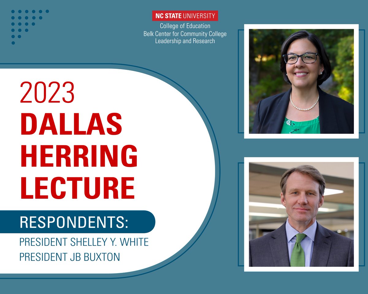 North Carolina Community Colleges (@nccommcolleges) on Twitter photo Join <a href="/ncstatebelk/">NC State Belk Center</a> for the 2023 Dallas Herring Lecture! Enjoy speaker Dr. Falecia Williams <a href="/PrinceGeorgesMD/">PrinceGeorgesMD</a> & respondents J.B. Buxton (Pres, <a href="/durhamtech/">Durham Tech</a>) & Dr. Shelley White (Pres, <a href="/HCCClyde/">Haywood CC</a>) as they delve into transforming #communitycolleges. ✨
Register: go.ncsu.edu/register-for-d… Join <a href="/ncstatebelk/">NC State Belk Center</a> for the 2023 Dallas Herring Lecture! Enjoy speaker Dr. Falecia Williams <a href="/PrinceGeorgesMD/">PrinceGeorgesMD</a> & respondents J.B. Buxton (Pres, <a href="/durhamtech/">Durham Tech</a>) & Dr. Shelley White (Pres, <a href="/HCCClyde/">Haywood CC</a>) as they delve into transforming #communitycolleges. ✨
Register: go.ncsu.edu/register-for-d…