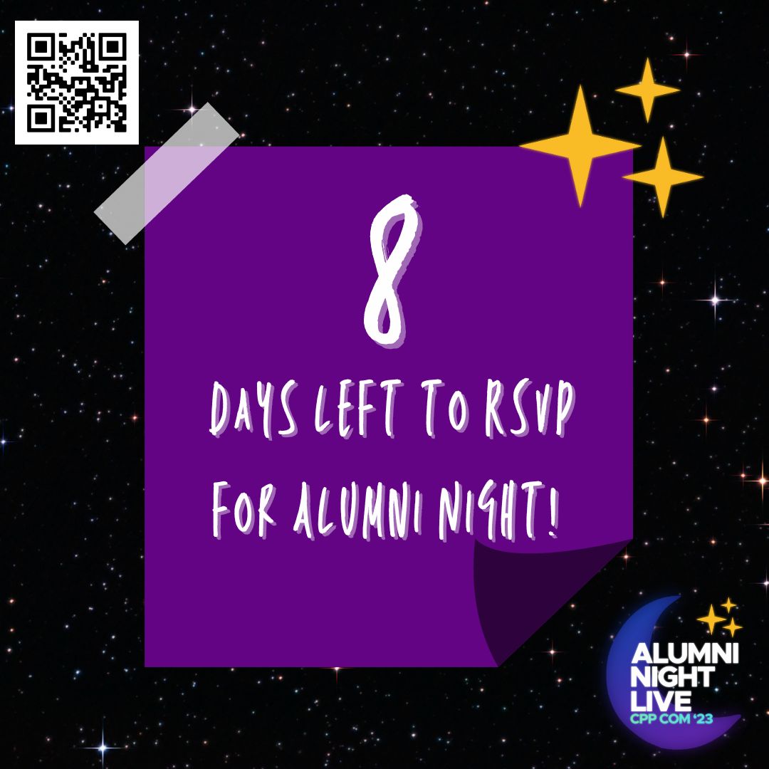 cppeventsplan's tweet image. Hey there! Just 8 days left to grab your ticket for Alumni Night! 🎉
Don't miss the chance to reunite with old friends and make new ones! 🤝
Use the QR code to get your ticket or this link here: ow.ly/hTYG50PYPFf!
#CPPAlumniNight #CPP #calpolypomona #cppalumni