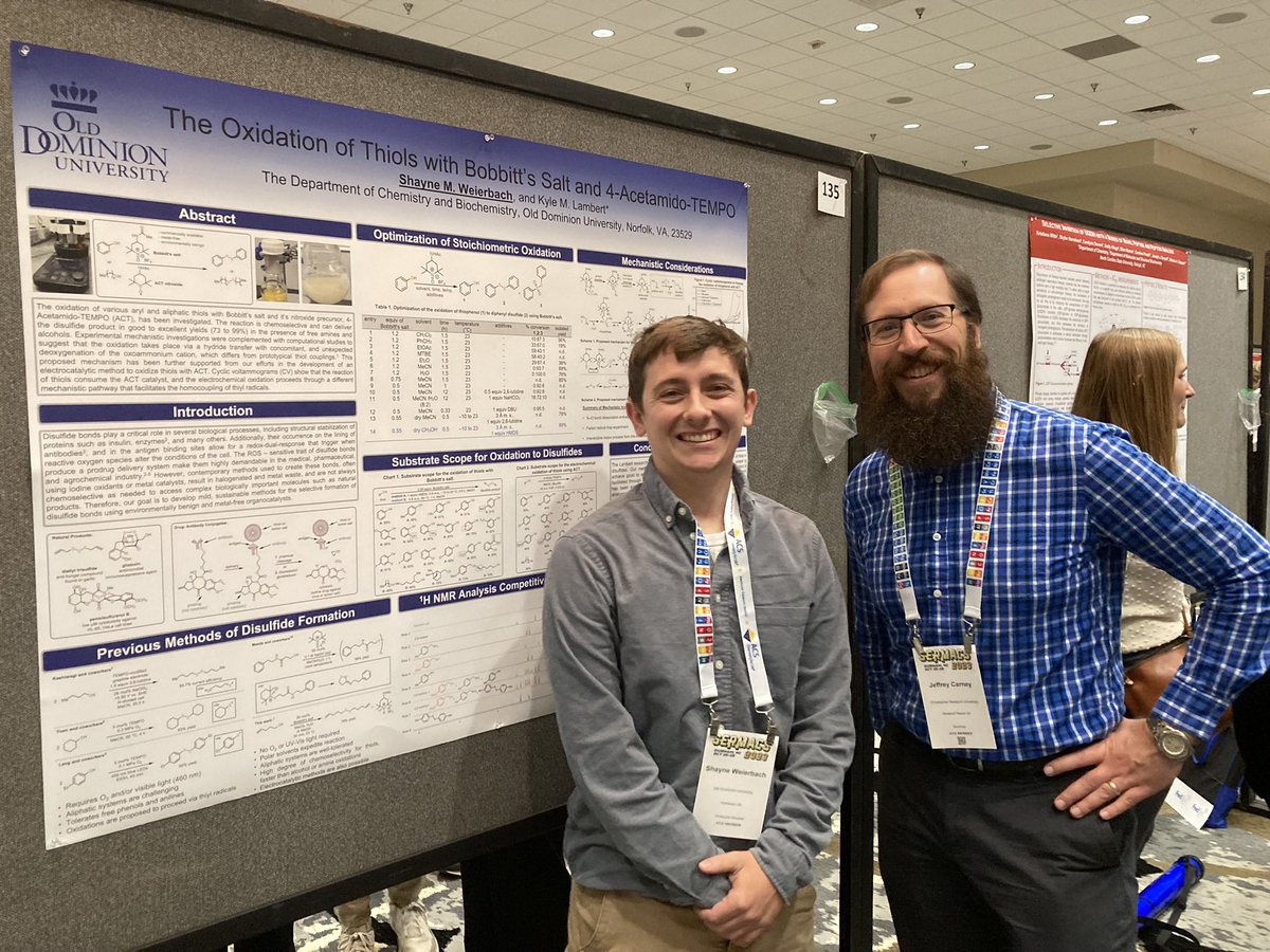 CNUChemProf's tweet photo. Having a great time at #SERMACS2023 in Durham. Got to watch my current students present, and catch up with an old student Shayne who is killing it in grad school with the @LambertGroupODU https://t.co/DpWcUfXzuX