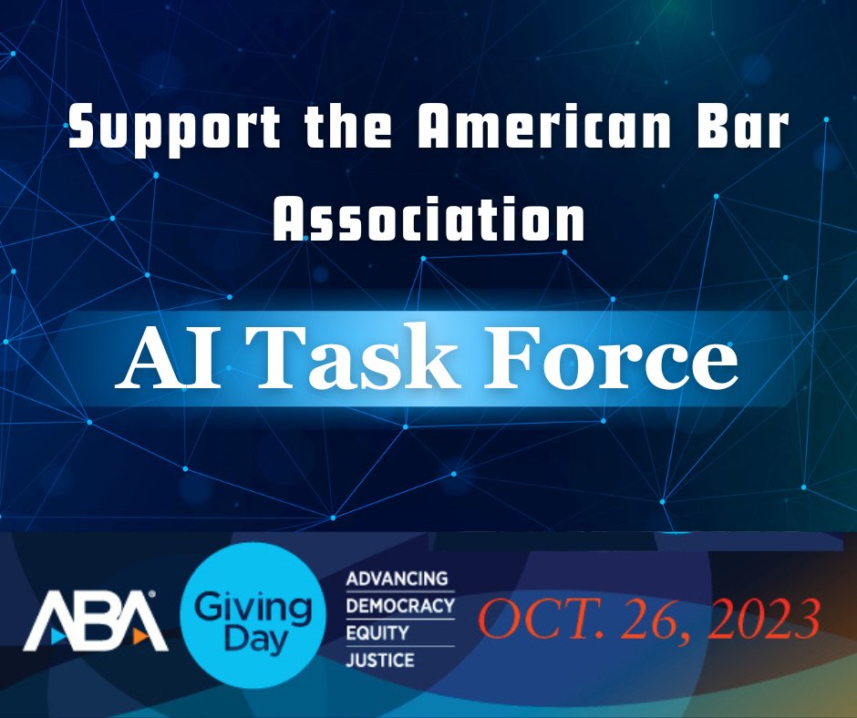 marysmith828's tweet photo. #WeeklyPresidentialSpotlight: AI is transforming the legal world. On this #ABAGivingDay, support the @ABAEsq's #AITaskForce as we guide lawyers through its legal intricacies and shape a framework for our profession. Lend your support: https://t.co/t8V7YPHehi. #ABA https://t.co/oCn25J1nZY