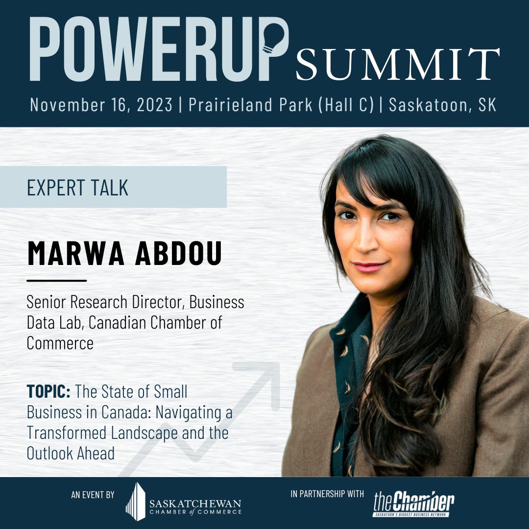 📢 Exciting News for PowerUp Summit 2023! 🚀

We're thrilled to announce Marwa Abdou (<a href="/shebreaksground/">Marwa Abdou</a>), Senior Research Director at the Canadian Chamber of Commerce's Business Data Lab, as our latest speaker for the PowerUp Summit 🌟 💼🤝 

🔗saskchamber.com/powerup-summit