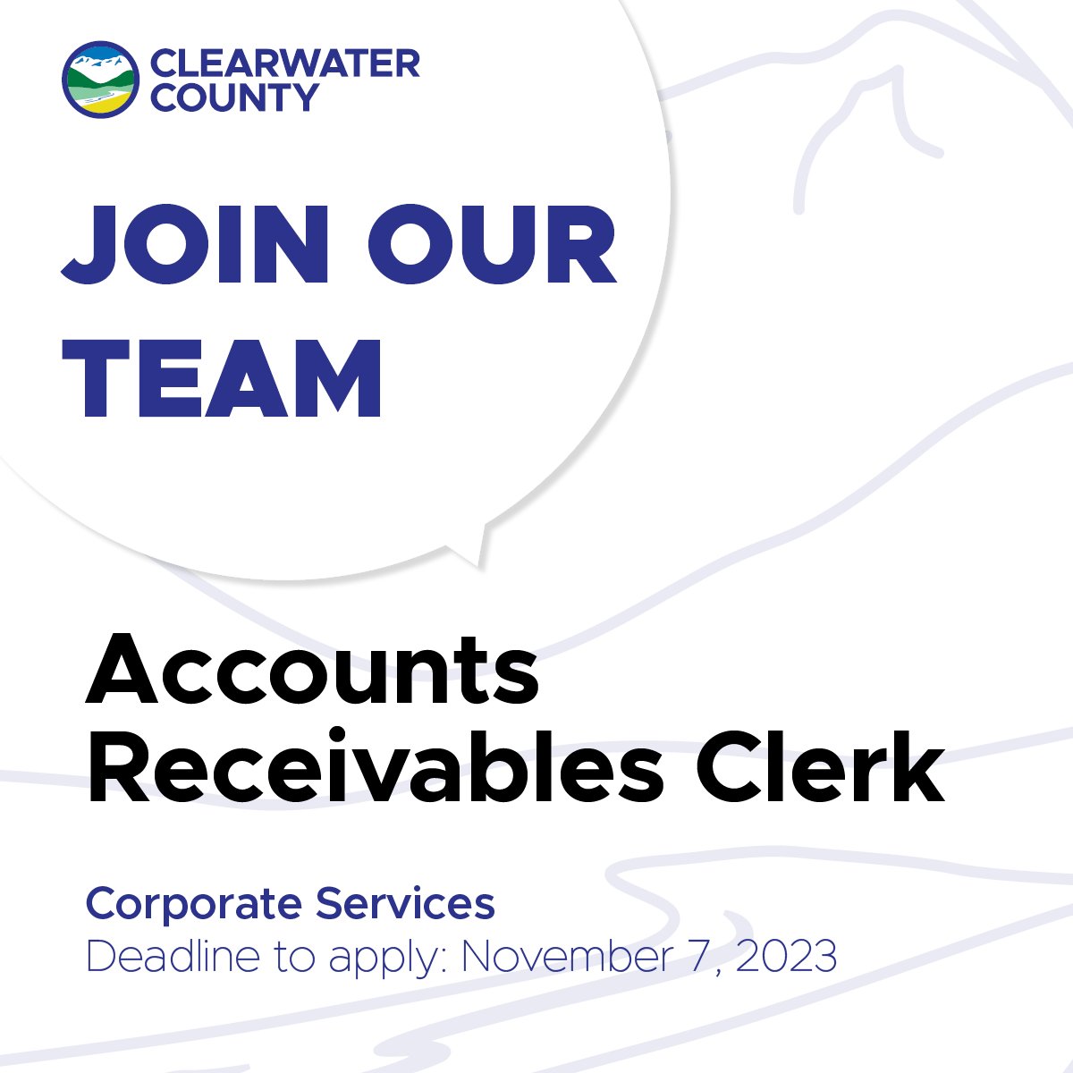 EMPLOYMENT OPPORTUNITY | Clearwater County is recruiting for an Accounts Receivables Clerk.
Want to learn more? Visit clearwatercounty.ca/careers.