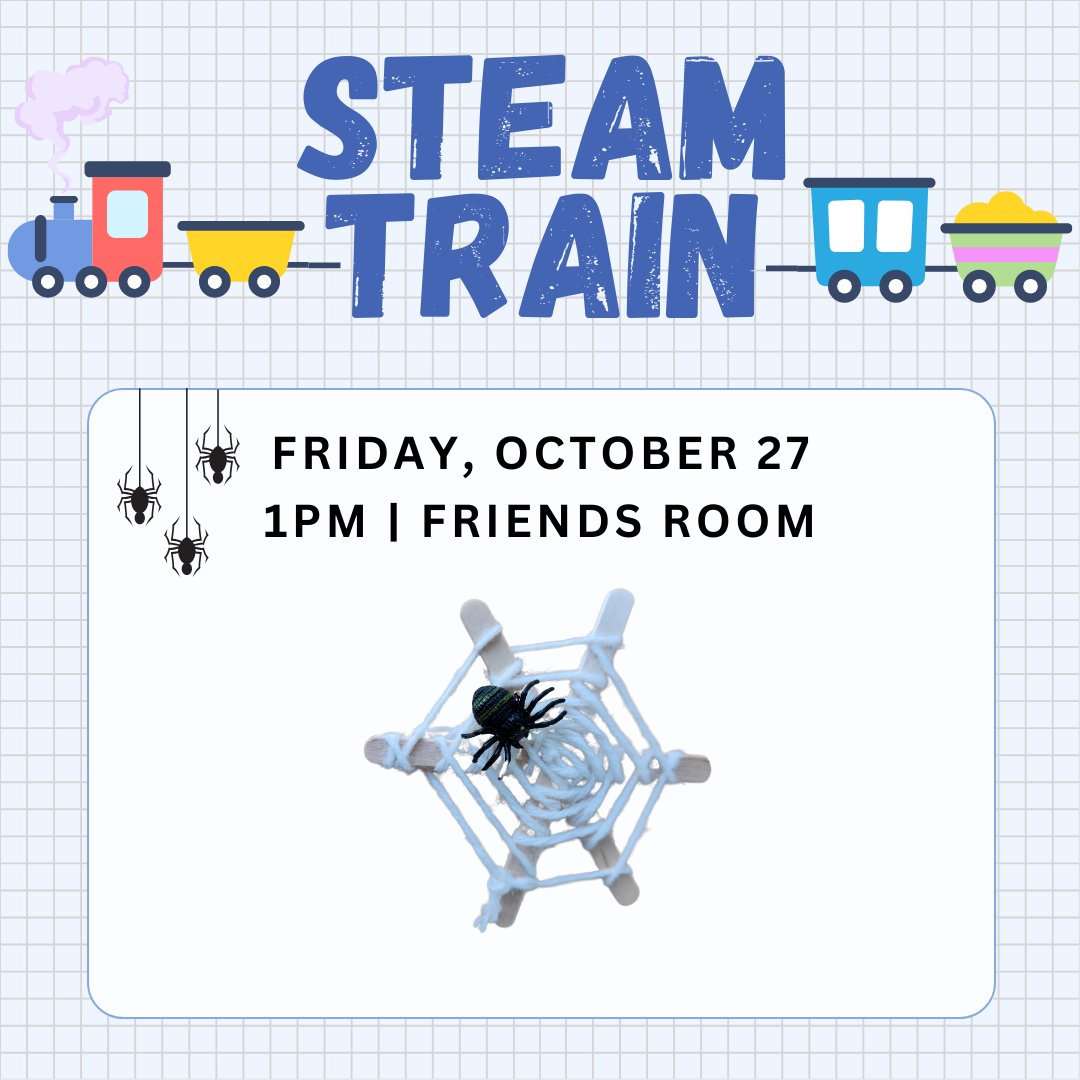 Join us tomorrow at 1 p.m. in the Friends Room for STEAM Train! Kids ages 3-5 will explore shapes and patterns by weaving popsicle stick spider webs. All materials provided on a first-come, first-served basis.

For more info, call (626) 307-1358 or visit: ow.ly/wf4y50PzBnp