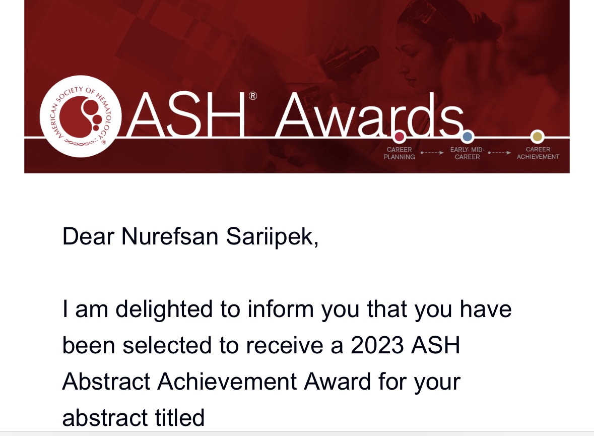 A little bit late, but happy to share that I received the abstract achievement award from @ASH_hematology ! I feel super lucky to have amazing mentors who helped me tremendously at @BrighamWomens and @DanaFarber ! Can’t wait for December!! #ASH23