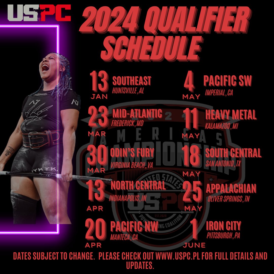 USPC2020's tweet photo. The 2024 @uspc.pl regional championships will kick off on March 23rd in Frederick, MD, and last for 3 months! 

This exciting competition format will feature regional championships that cumulate into the IPC/USPC Americas' Championship in October 2024. 

Best lifters from regiona https://t.co/o3fpDSZSuT