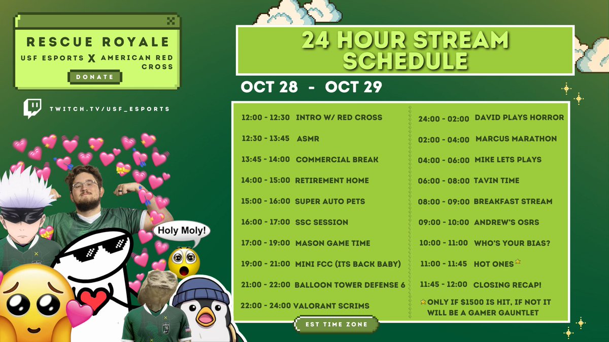 USF_Esports's tweet image. Hold up ✋😳

⏰ The 24-Hour Stream Schedule just dropped. What segment are you looking forward to? 

Don't miss out on this fundraiser with @RedCrossGaming as we try to reach our goal of $2,500!