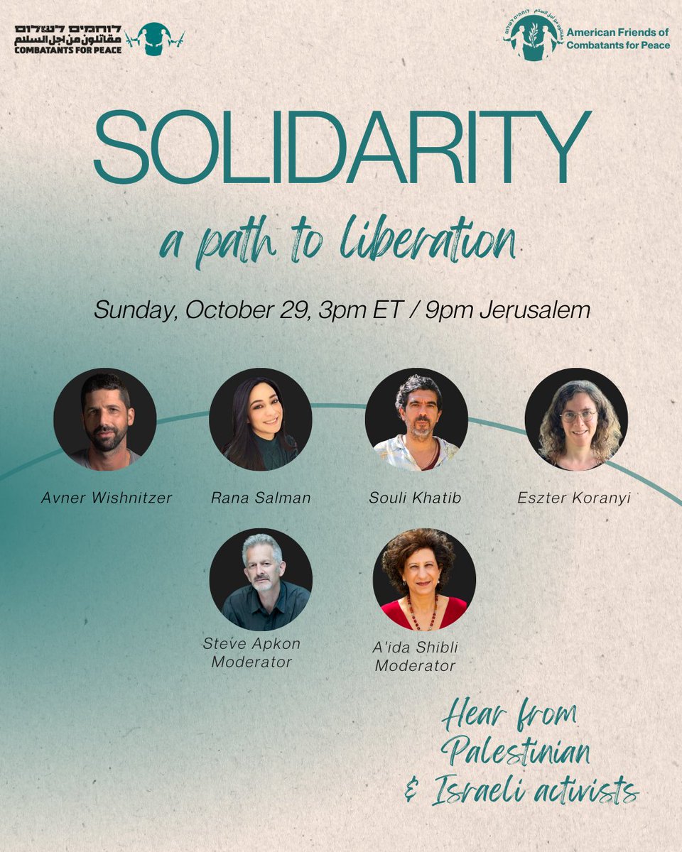 Please join us this Sunday, October 29th at 3pm ET for a conversation, "Solidarity: A Path to Liberation." The talk will be led by Palestinian activists Rana Salman and Souli Khatib and Israeli activists Eszter Koranyi and Avner Wishnitzer. Register: bit.ly/40eCPWg