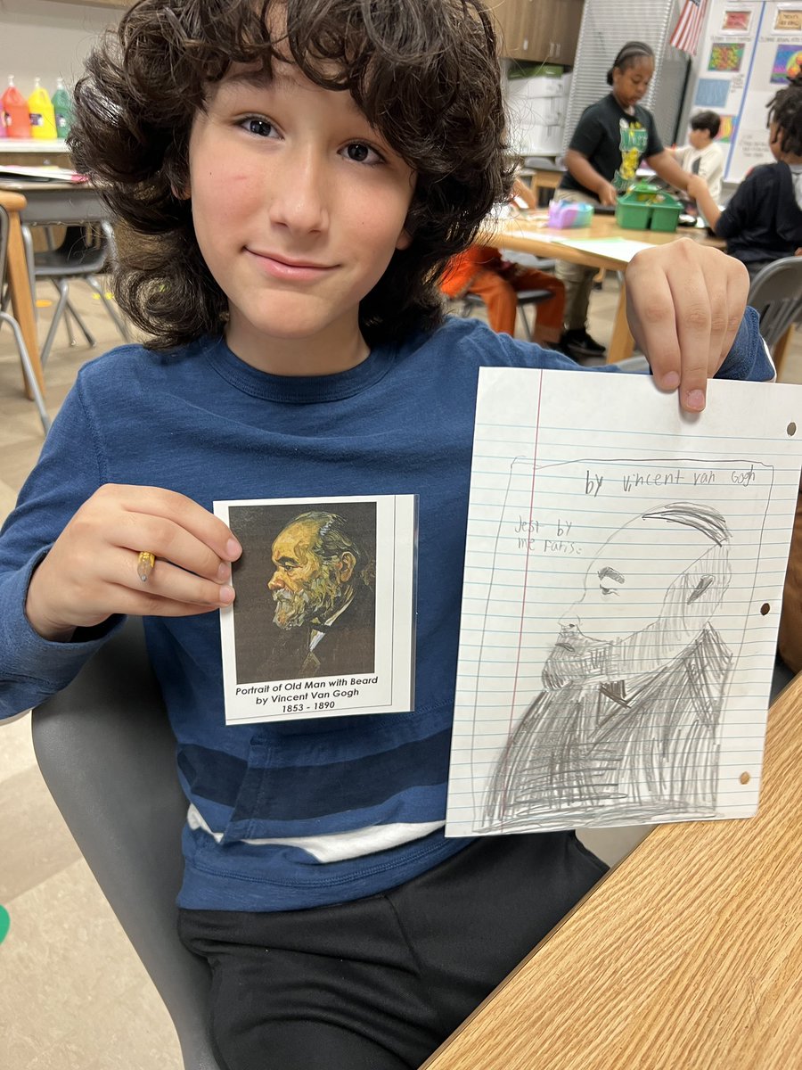 mybostonart's tweet photo. One of our 4th grade @JSES_Stallions Faris drawing a Van Gogh painting during early finisher time. I think he nailed it. ๐๐พ
#elementaryarts https://t.co/GC0yUXZ0cD