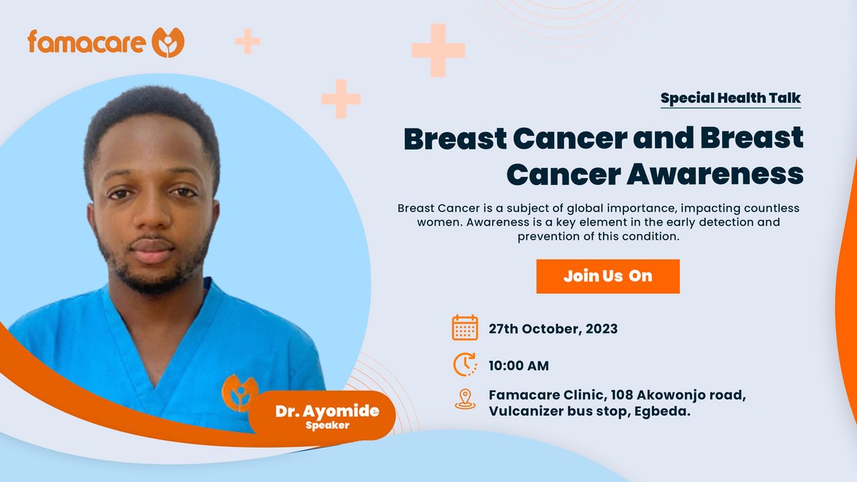 famacare's tweet photo. 🎗️ Join us for a special Health Talk on Breast Cancer and Awareness. 
🗓️ Date: Oct 27, 2023 
🕒 Time: 10:00am 
📍 Famacare Clinic, Egbeda.
Join: https://t.co/DlDsudomos
 Let's fight breast cancer together. Please invite your loved ones!  #FamacareCommunity #BreastCancer https://t.co/ulzW2OKT3i