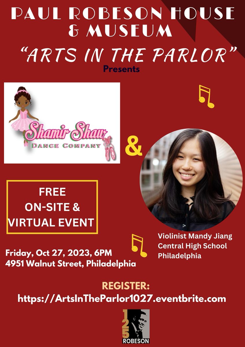 Join us tomorrow, Friday, Oct. 27, 2023, for another great evening of 'Arts in the Parlor.' The free event starts at 6pm EST. It features young dancers from the Shamir Shaw Dance Company and violinist Mandy Jiang, 17, from Central High School. Register: ArtsInTheParlor1027.eventbrite.com