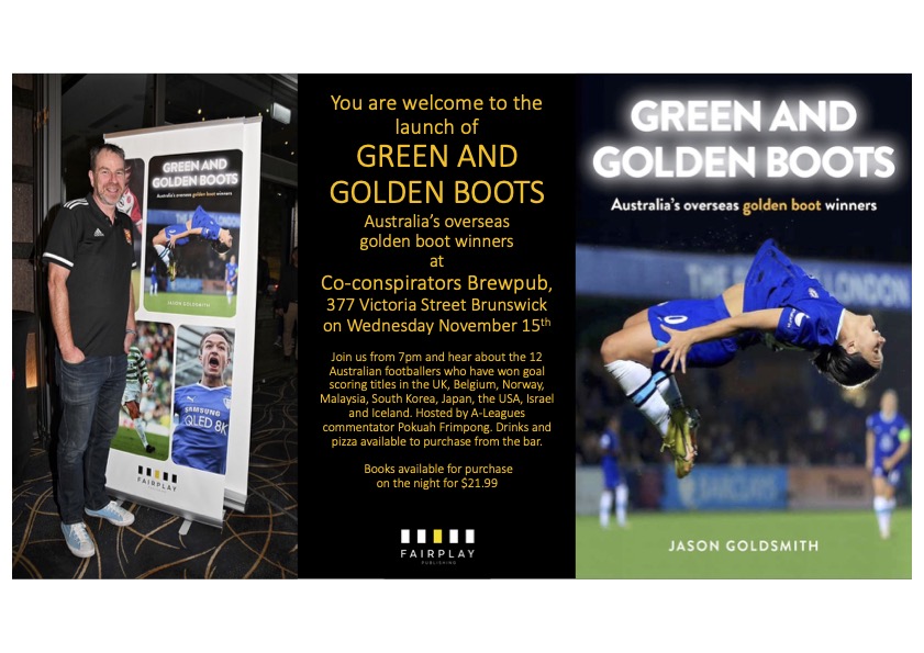 Join us at Co-Conspirators in Brunswick at 7pm on Wednesday 15th November for the launch of 'Green & Golden Boots' hosted by @P_frim pizza and beer available to purchase as well as the book via @fairplaybooks read all about Kerr, Viduka, Taggart, Kennedy, Krncevic & more ⚽️ 📚🚀